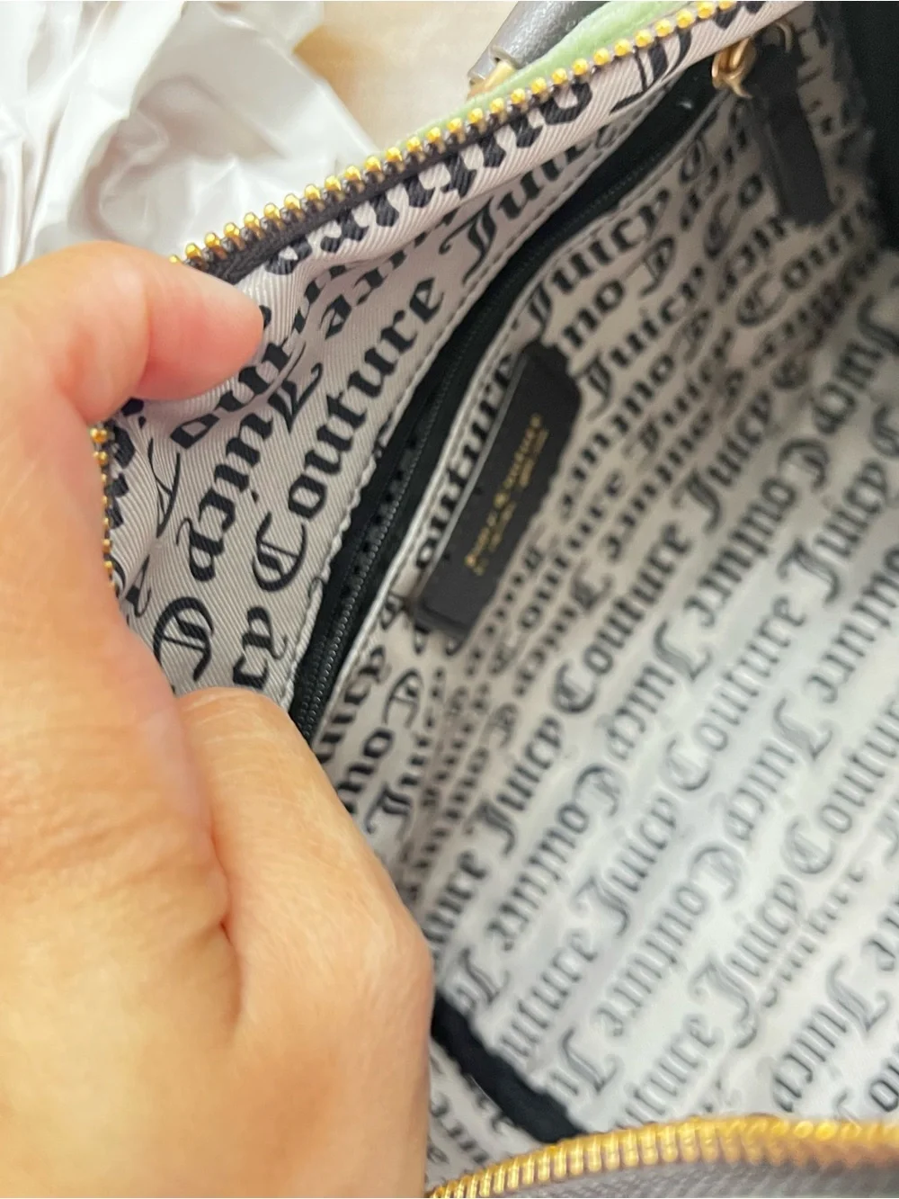 Juicy Couture Green Velvet Satchel with Navy Trim & Heart Charm